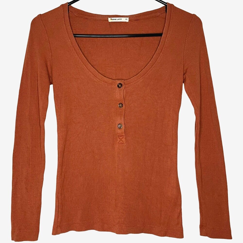 Marine Layer Lexi Rib Henley Women XS Orange Modal Long Sleeve Scoop Neck Casual